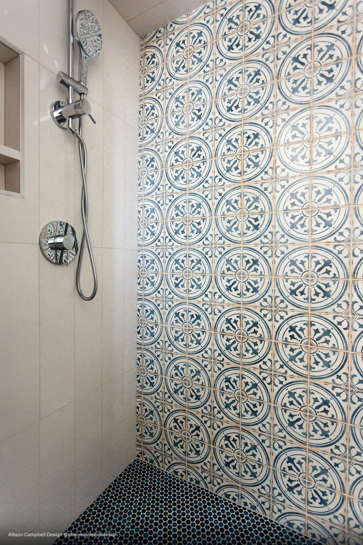 A stylish penny round mosaic with a glossy finish brings a modern touch, effortlessly complementing 360° Lagoon 3/4" Penny Round Gloss Glazed Porcelain Mosaic.