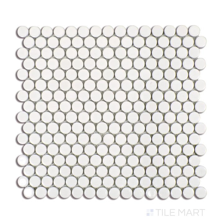 360° 3/4" Penny Round Glazed Porcelain Mosaic 12X12 White Gloss