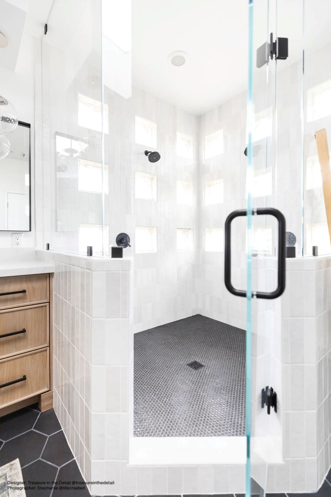 A bold and modern aesthetic with a sleek matte texture, highlighted by 360° Charcoal 3/4" Penny Round Matte Glazed Porcelain Mosaic.