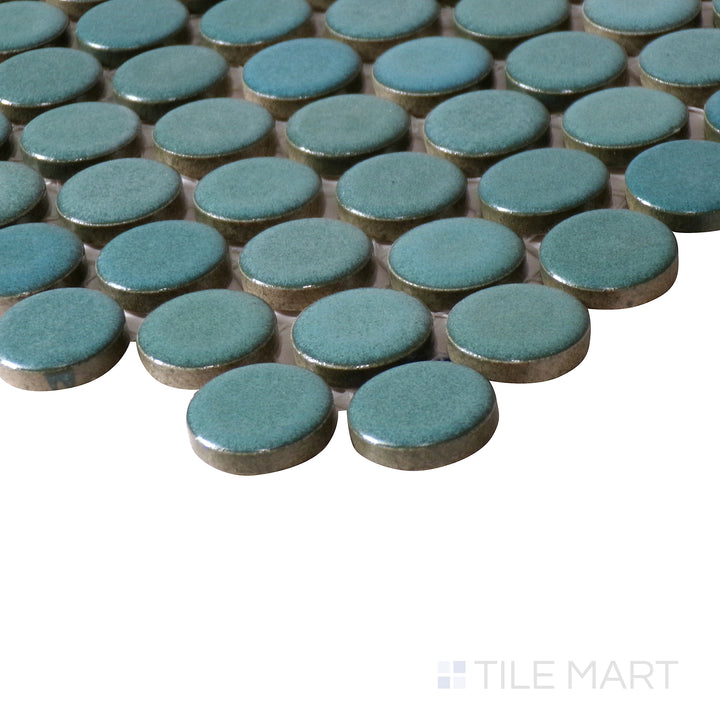 Corner perspective of 360° Silver Sage 3/4" penny round matte glazed porcelain mosaic, showcasing its soft sage-green undertones, smooth texture, and the seamless way the round pieces align at the edge.