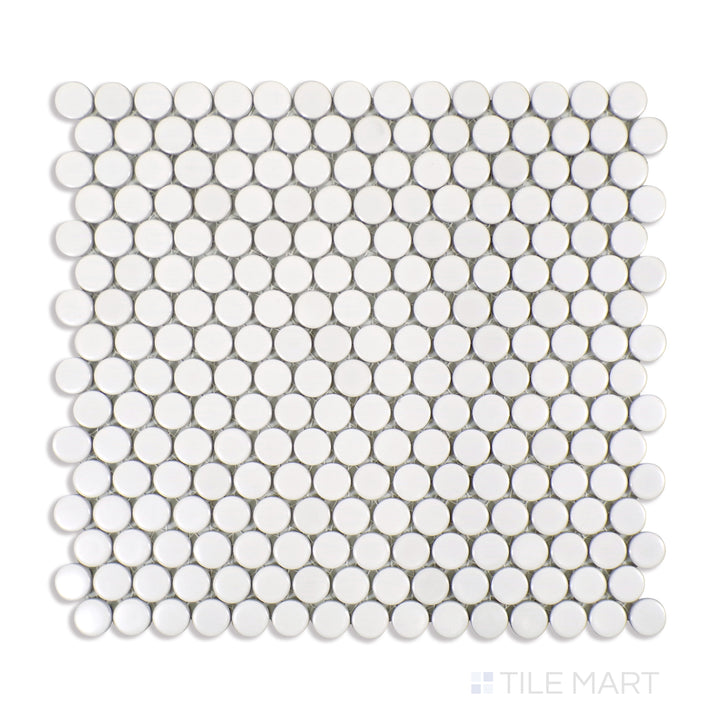 A finely detailed close-up of 360° White 3/4" Penny Round Matte Glazed Porcelain Mosaic tile showcases its soft white tone and understated matte glaze, perfect for a subtle, timeless look.