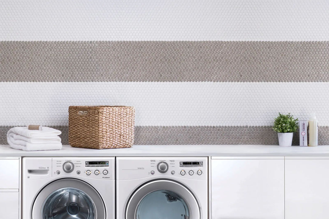 Crisp white penny rounds add texture and depth, seamlessly blending with 360° White 3/4" Penny Round Matte Glazed Porcelain Mosaic.