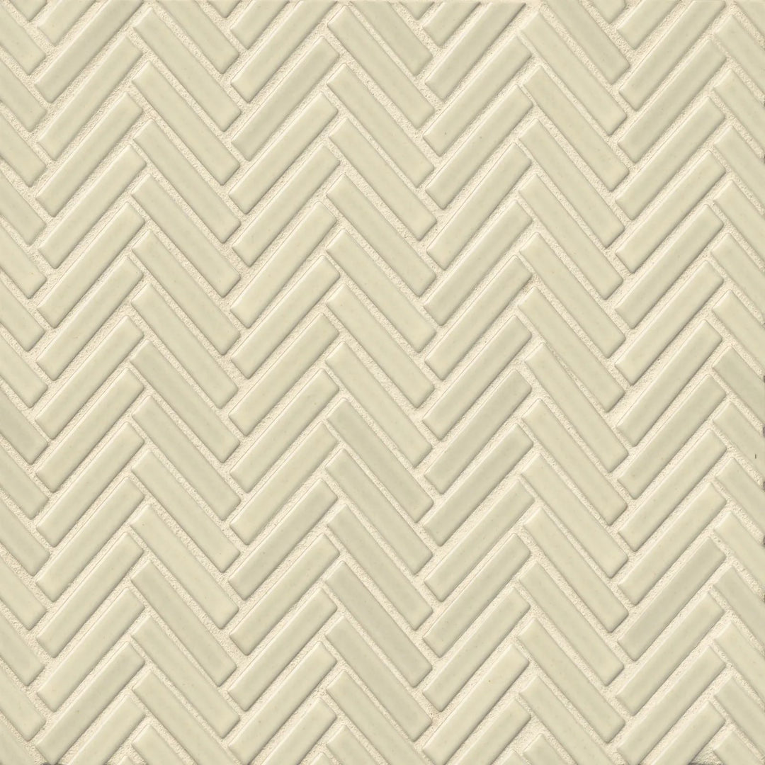 Aerially viewed, the 90° Off White Herringbone mosaic tile presents a clean, luminous aesthetic with a glossy surface that enhances its sophisticated charm.