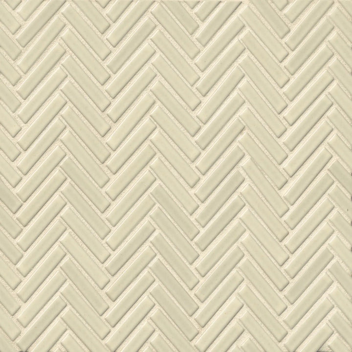 Aerially viewed, the 90° Off White Herringbone mosaic tile presents a clean, luminous aesthetic with a glossy surface that enhances its sophisticated charm.