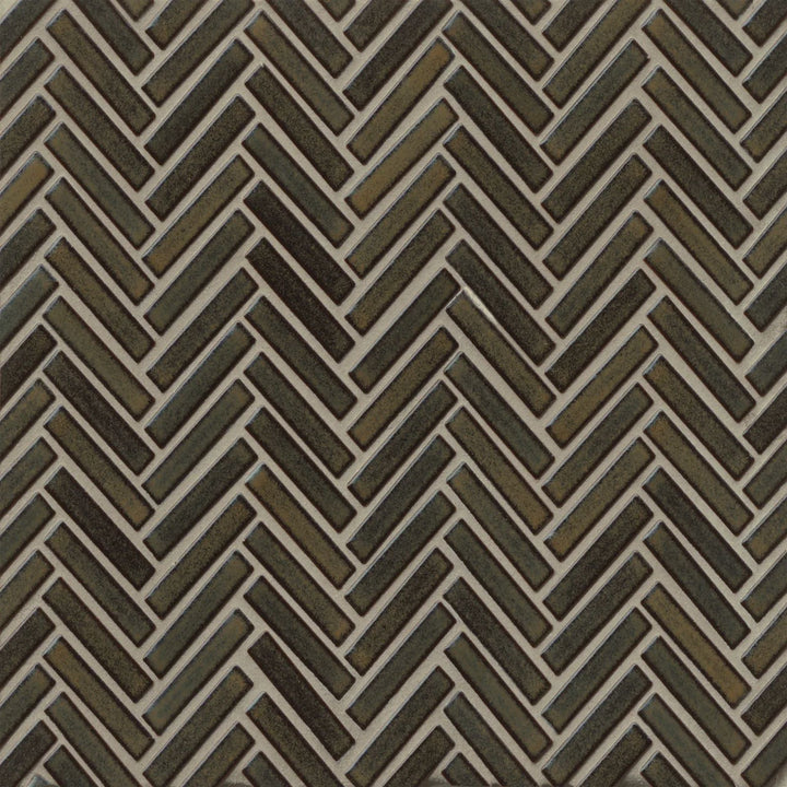 From a bird’s-eye view, the 90° Shadow Herringbone tile exhibits its deep, dramatic hue with a reflective finish, ideal for adding contrast and depth to any design.