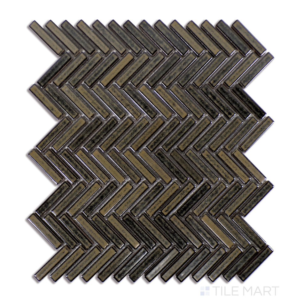 A macro shot of 90° Shadow Herringbone Gloss Glazed Porcelain Mosaic tile showcases its deep shadow gray shade and polished glazed finish, offering depth and sophistication.