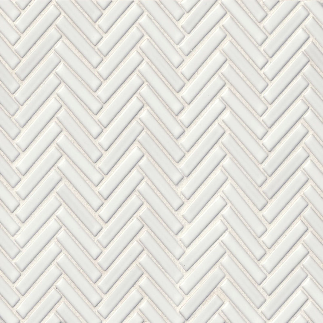 This overhead composition captures the pristine white elegance of the 90° White Herringbone tile, with a glossy surface that accentuates its crisp and timeless appeal.