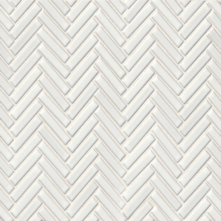 This overhead composition captures the pristine white elegance of the 90° White Herringbone tile, with a glossy surface that accentuates its crisp and timeless appeal.