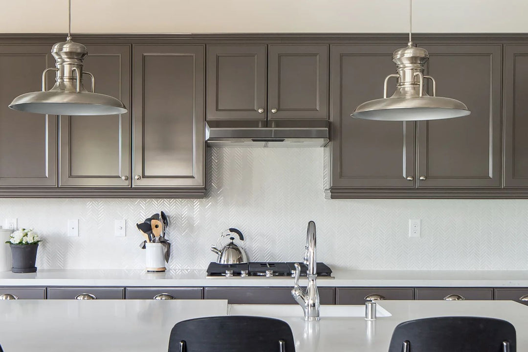 A bright white herringbone pattern with a glossy glaze, 90° White Herringbone porcelain mosaic delivers timeless elegance.