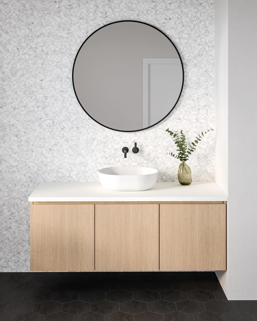 A bold contrast of deep black tones enhances any space, beautifully integrating with Allora Black 8.5X10 Matte Glazed Porcelain.