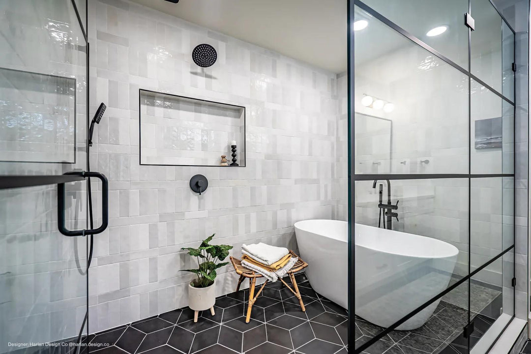 A refined monochrome aesthetic using Allora Black 8.5X10 Matte Glazed Porcelain, adding depth and elegance to the space.