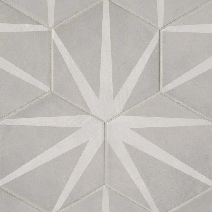 Viewed from above, the Allora Stella 8.5x10 matte tile reveals a dynamic pattern with a sophisticated finish, making it a standout feature for any space.