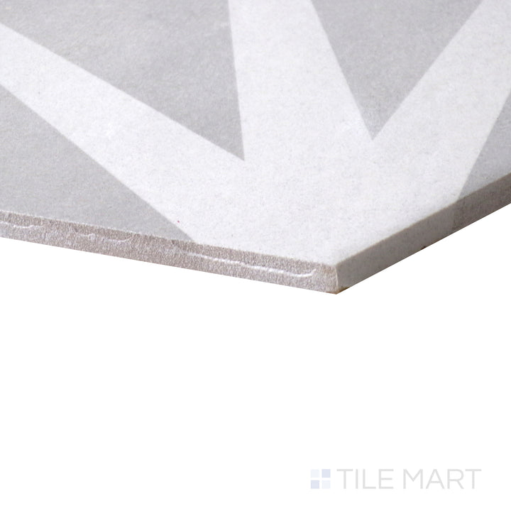 A macro shot of Allora Stella 8.5X10 Matte Glazed Porcelain tile showcases its sophisticated pattern and soft matte glaze, offering a refined and stylish look.