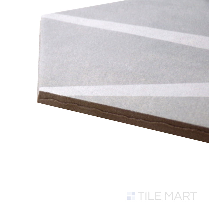 Angled view of Allora Stella 8.5x10 matte glazed porcelain tile, emphasizing its unique pattern, balanced matte finish, and precision-cut edges.