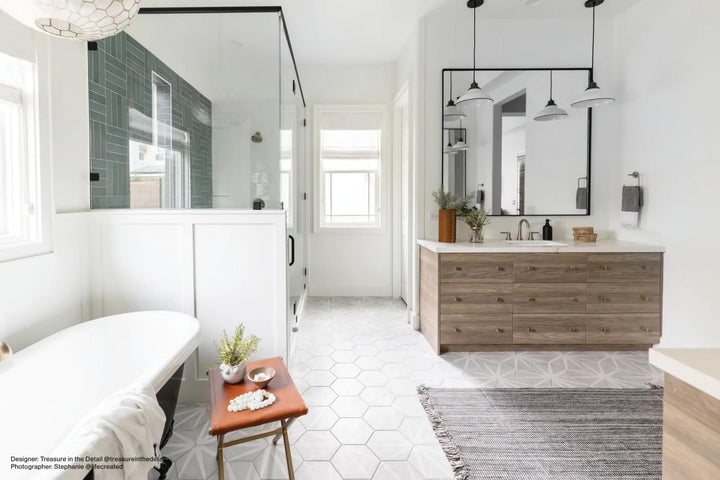 A decorative matte glazed porcelain tile, Allora Stella 8.5x10 showcases star-like motifs with a timeless appeal.