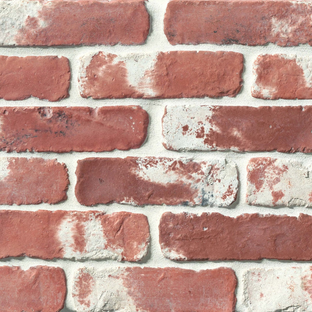 A top-down view of the Avondale Used Red 2x8 matte brick tile captures its rich, weathered red tone, evoking a rustic and timeworn charm with a soft matte surface.