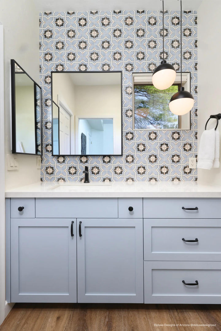 A stylish matte glazed ceramic tile, Casablanca Attia 5x5 features intricate patterns and a timeless handcrafted appeal.