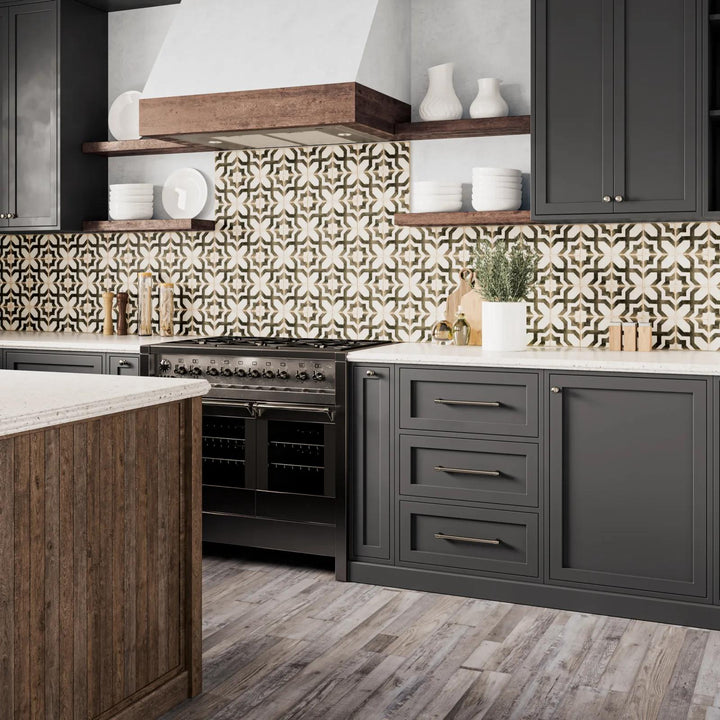 Chic space featuring Casablanca Farissi 5x5 matte glazed ceramic tiles, offering a vintage and artistic touch.