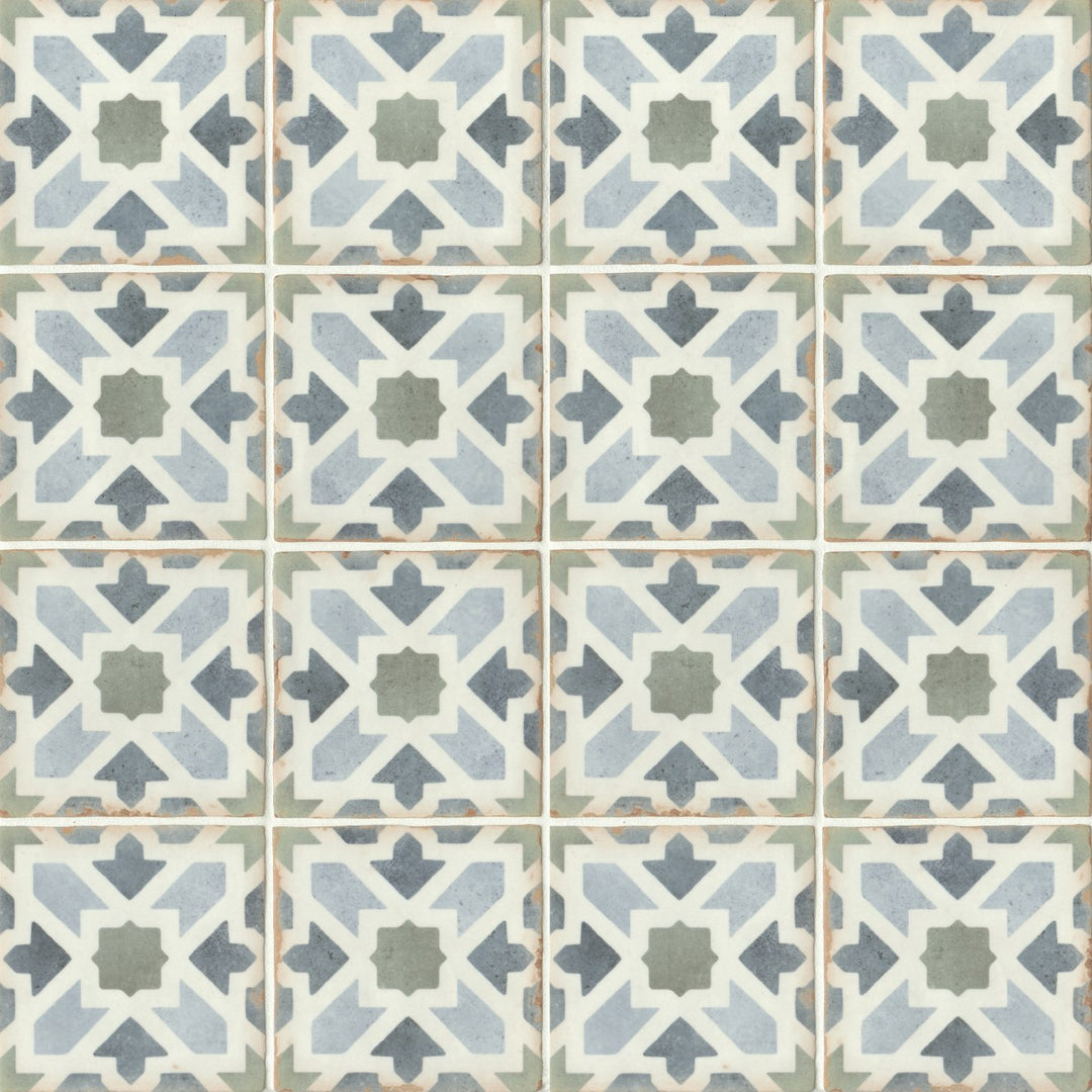 An overhead view of the Casablanca Kenzi 5x5 matte glazed ceramic tile emphasizes its bold yet refined aesthetic, with a smooth matte glaze enhancing its intricate details.
