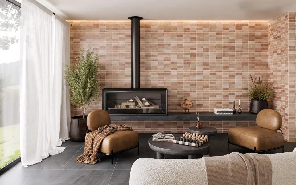 A warm and earthy tone that creates a rustic charm, highlighted by Celine Cotto 2X6 Matte Glazed Porcelain.