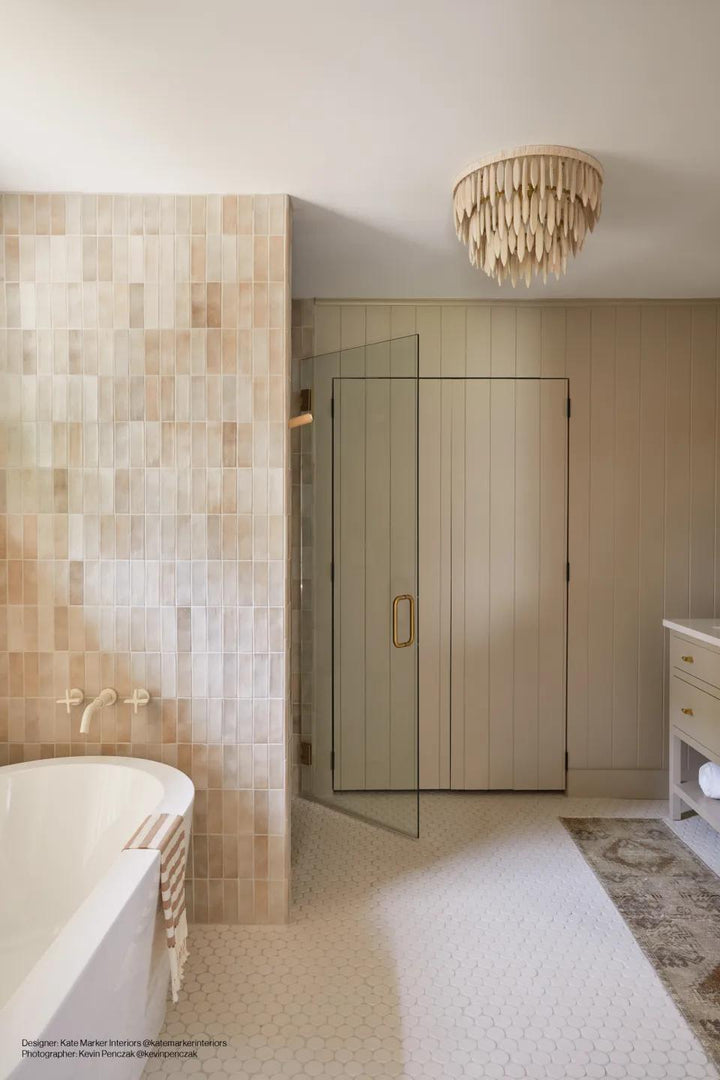 A rich taupe matte finish with a compact format introduces warmth and depth, effortlessly styled with Celine Taupe 2x6 matte glazed porcelain.