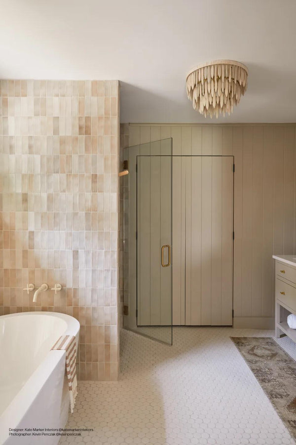A rich taupe matte finish with a compact format introduces warmth and depth, effortlessly styled with Celine Taupe 2x6 matte glazed porcelain.