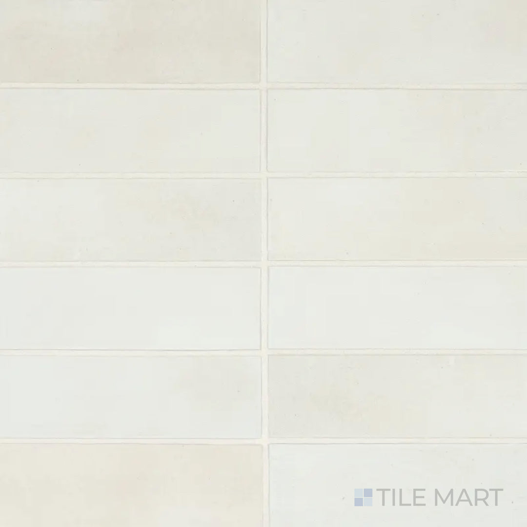 A bird’s-eye view of the Celine White 2x6 matte glazed porcelain tile showcases its pure white shade with a soft matte glaze, ideal for achieving a clean, modern look.