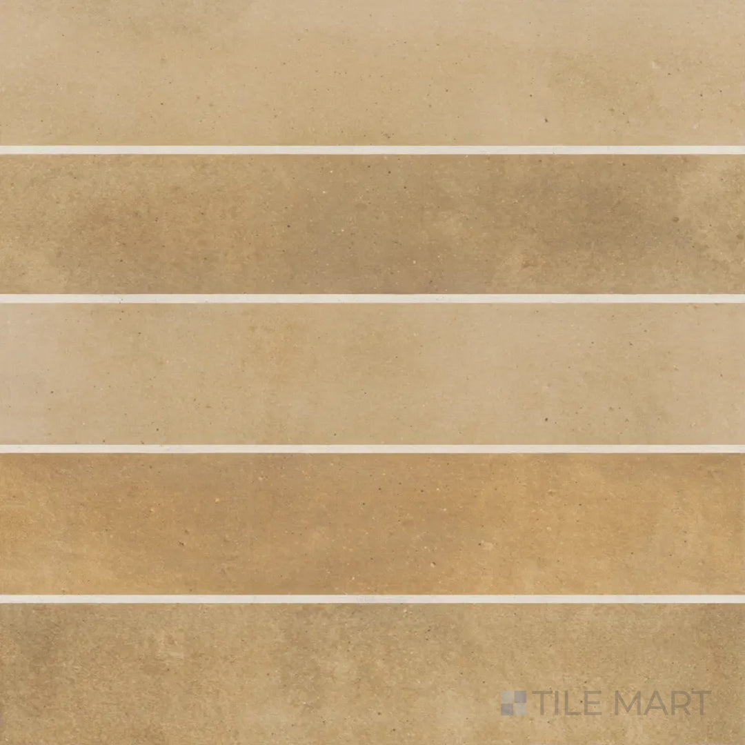 Aerial view of the Celine Cotto 2.5x12 matte glazed porcelain tile showcases its warm terracotta-inspired color with a refined matte glaze for a rustic yet modern aesthetic.