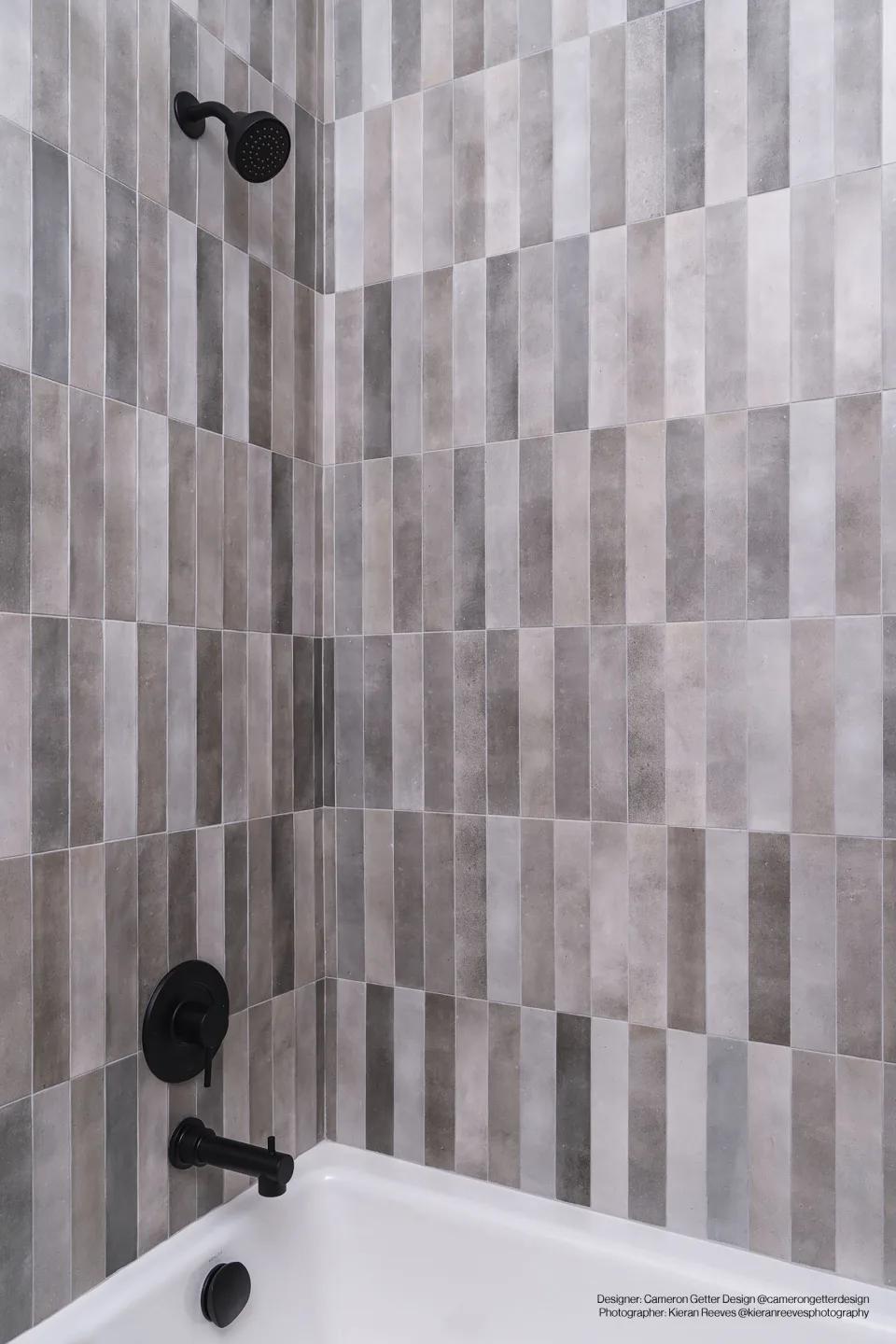 A refined greige matte glazed porcelain tile, Celine Greige 2.5x12 blends warm and cool tones for a versatile, modern look.