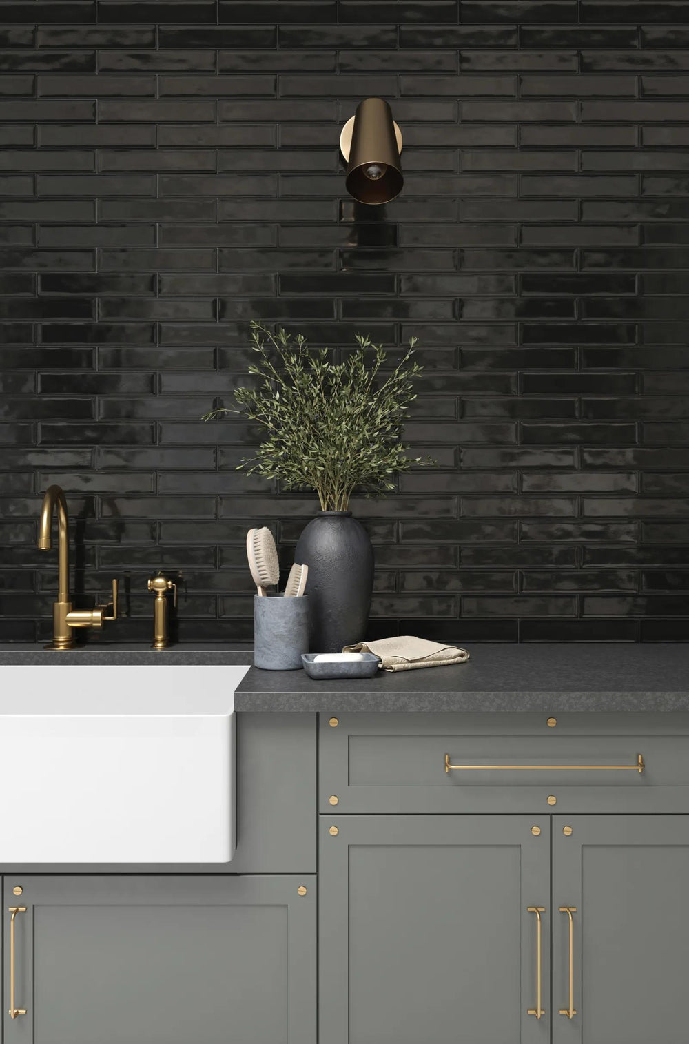 A striking glossy noir shade for a bold and modern aesthetic, featuring Clara Noir 2.75X11 Glossy Glazed Porcelain.