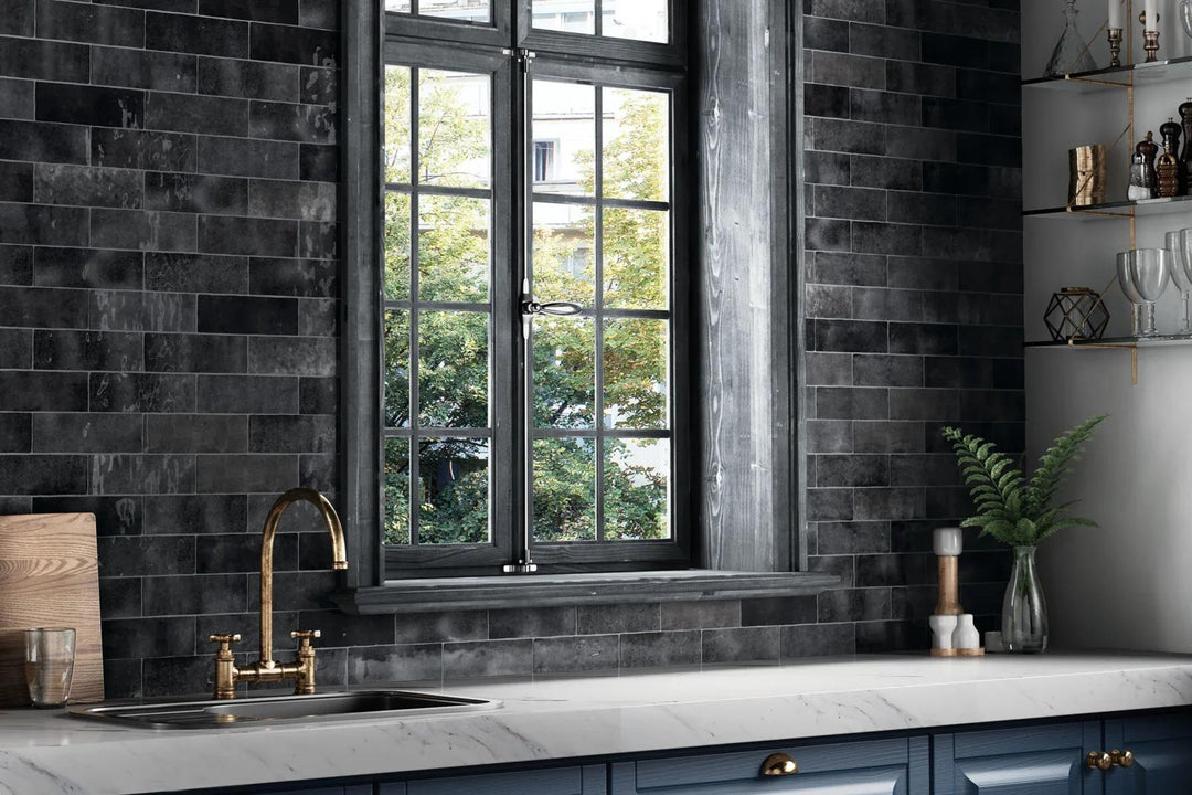 A rich and glossy black tone that adds depth and elegance, featuring Cloe Black 2.5X8 Gloss Glazed Ceramic.