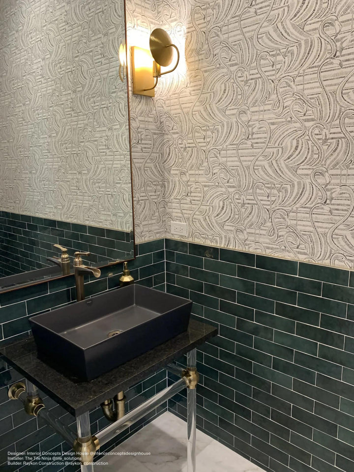 A refreshing green tile with a high-gloss finish adds vibrancy and personality, creating a standout feature with Cloe Green 2.5x8 gloss glazed ceramic.