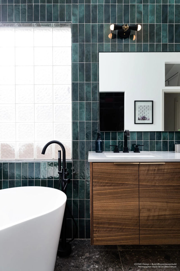 Vibrant and refreshing space featuring Cloe Green 2.5x8 gloss glazed ceramic, perfect for a bold yet elegant look.