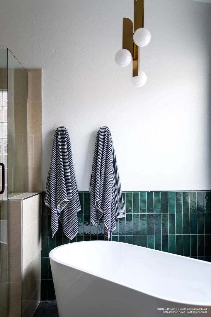 Vibrant and refreshing space featuring Cloe Green 2.5x8 gloss glazed ceramic, perfect for a bold yet elegant look.