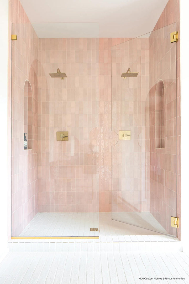 A vibrant and playful interior brought to life with Cloe Pink 2.5X8 Gloss Glazed Ceramic, creating a charming, soft aesthetic.