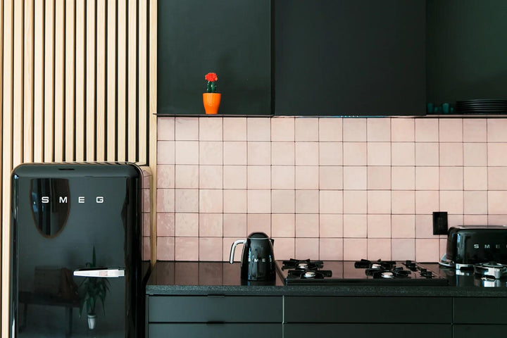 A playful and elegant look with Cloe Pink 5X5 Gloss Glazed Ceramic, adding a delicate and charming touch to the room.