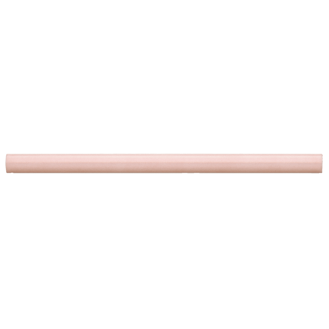 Captured from above, the Cloe Pink 0.5X8 gloss glazed ceramic Miter Edge Jolly tile reveals a delicate blush hue, adding a subtle yet charming pop of color.