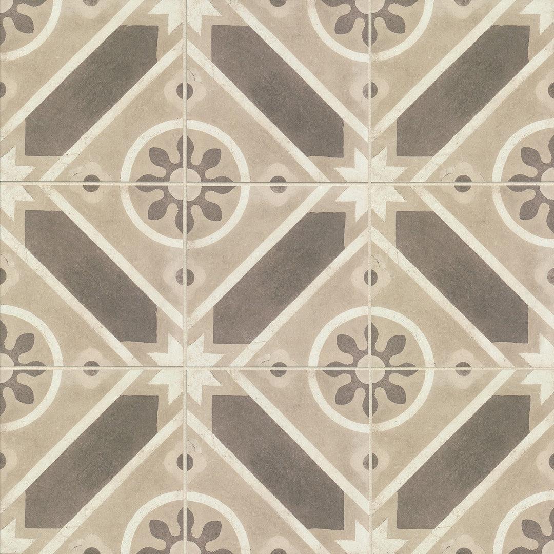 From a bird’s-eye perspective, the Enchante Splendid 8X8 matte glazed color body porcelain tile reveals an artful blend of classic motifs and muted tones, exuding a sophisticated, handcrafted appeal.