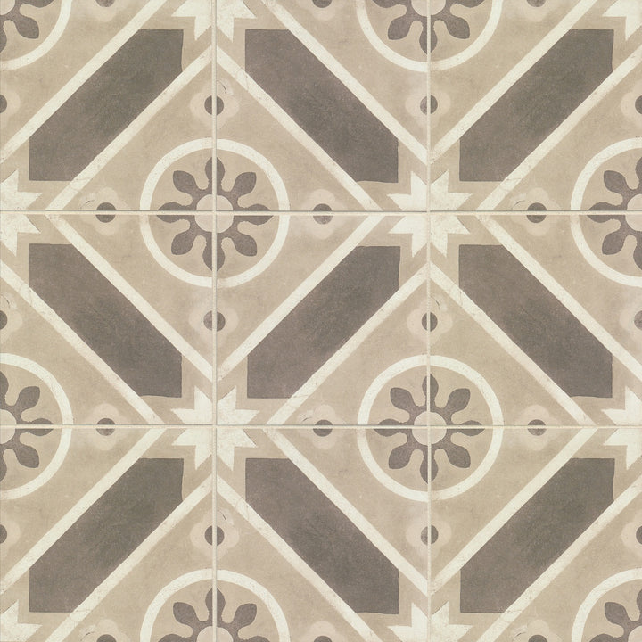 From a bird’s-eye perspective, the Enchante Splendid 8X8 matte glazed color body porcelain tile reveals an artful blend of classic motifs and muted tones, exuding a sophisticated, handcrafted appeal.