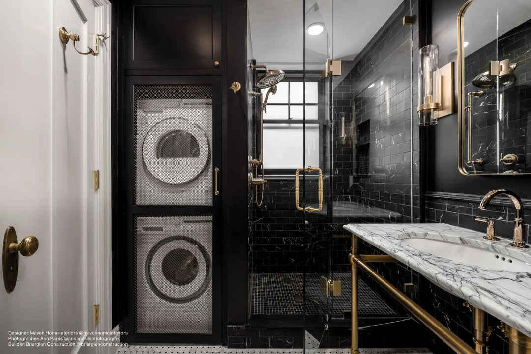 A sophisticated bathroom or kitchen space with Ferrara Nero 3X6 Honed Marble, showcasing the deep, rich tones of honed black marble.