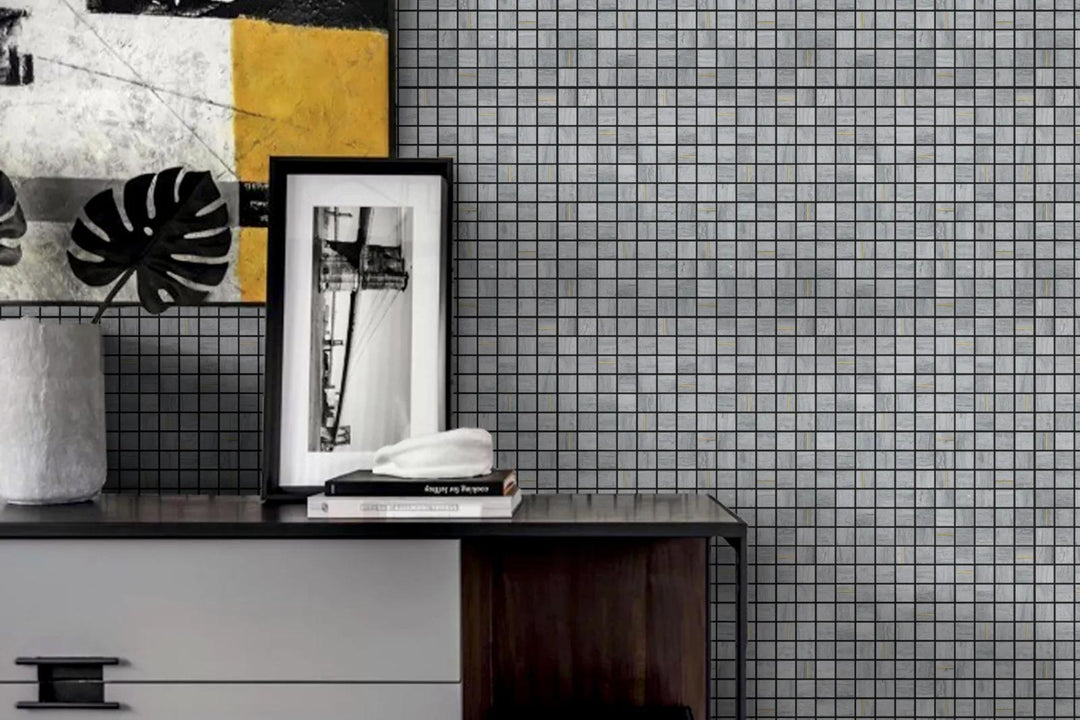 A classic square mosaic design with honed marble and brass accents, featured in Ferrara Argento 1" Square Honed Marble, Brass Mosaic.