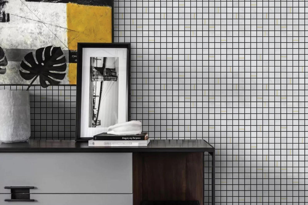 A soft bianco hue with a honed marble finish and delicate brass details, adding elegance with Ferrara Bianco 1