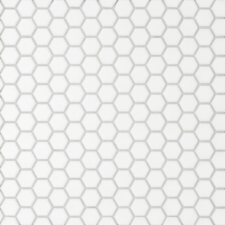 From a bird’s-eye view, the Le Café White 1" Hexagon Matte Porcelain Mosaic displays its crisp white tone with a smooth matte surface, offering a soft, understated elegance in hexagonal form.