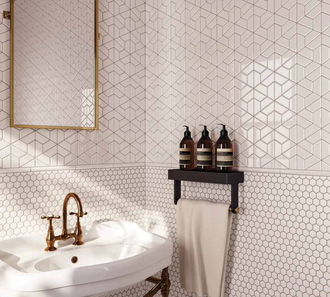 A crisp white 1-inch hexagon mosaic with a matte glazed finish, offering a clean and timeless aesthetic with Le Café White 1" Hexagon Matte Glazed Porcelain Mosaic.