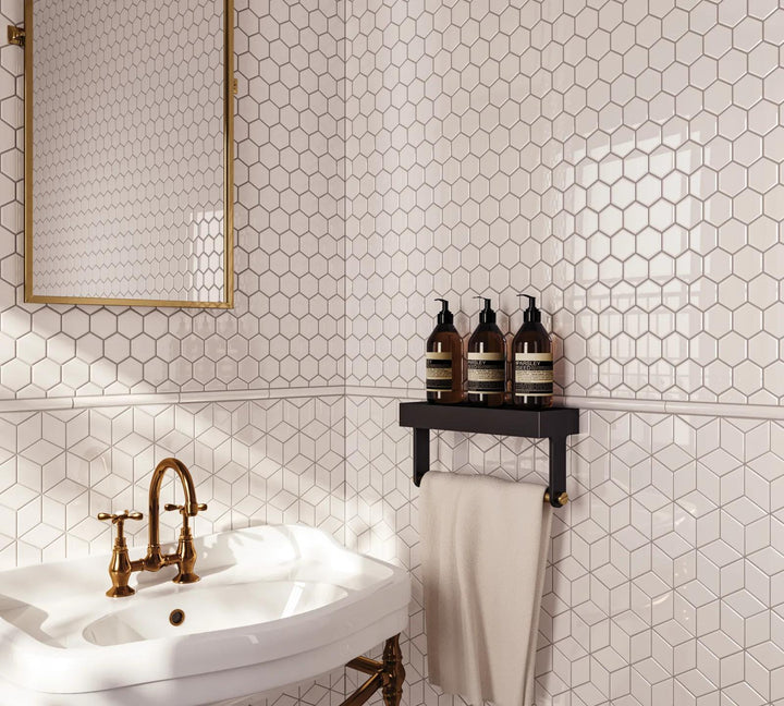 A luminous white 2-inch hexagon mosaic with a glossy glazed surface, adding brightness and elegance with Le Café White 2" Hexagon Gloss Glazed Porcelain Mosaic.