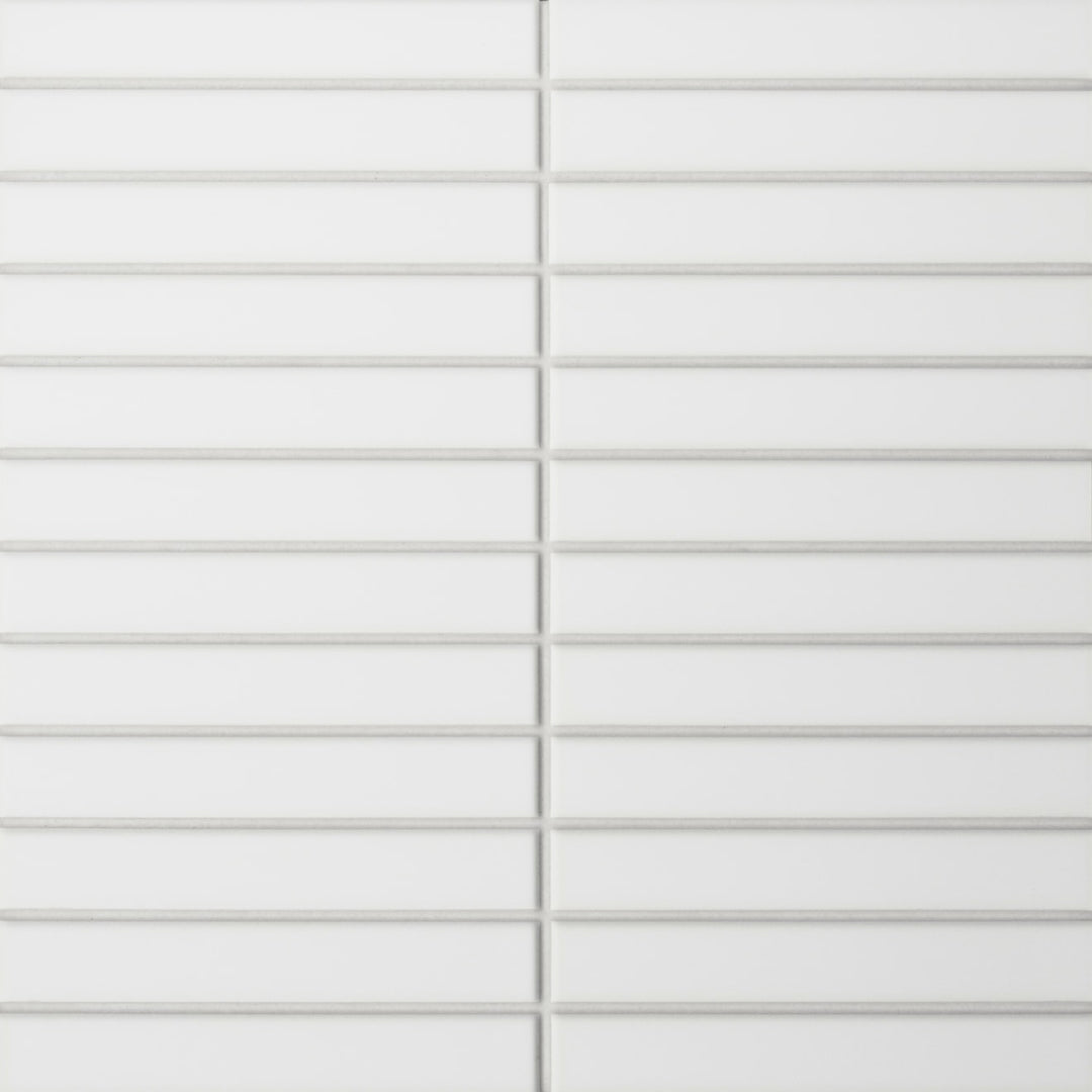 This overhead view captures the Le Café White Straight Stack Matte Porcelain Mosaic, highlighting its crisp white surface in a streamlined, geometric arrangement, perfect for a minimalist and modern appeal.