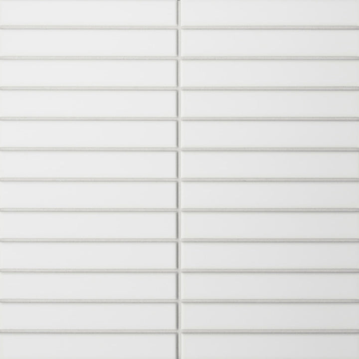 This overhead view captures the Le Café White Straight Stack Matte Porcelain Mosaic, highlighting its crisp white surface in a streamlined, geometric arrangement, perfect for a minimalist and modern appeal.