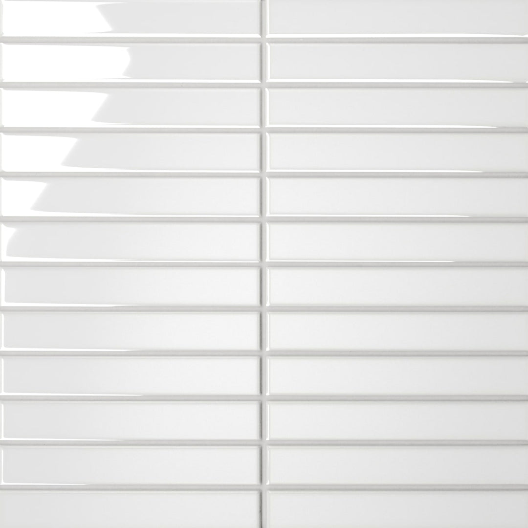 The top-down shot of the Le Café White Straight Stack Gloss Porcelain Mosaic features a radiant white finish with a high-shine glaze, emphasizing the clean, structured alignment of the stacked tile layout.