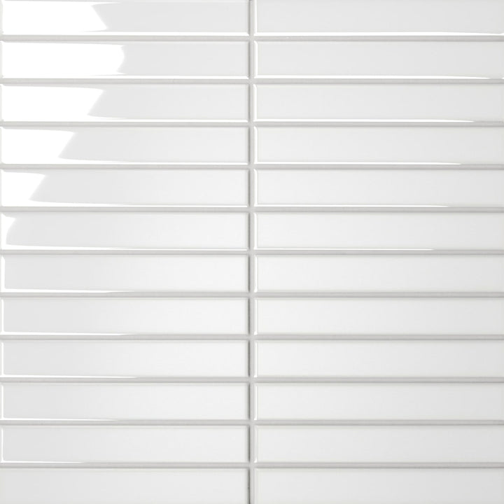 The top-down shot of the Le Café White Straight Stack Gloss Porcelain Mosaic features a radiant white finish with a high-shine glaze, emphasizing the clean, structured alignment of the stacked tile layout.
