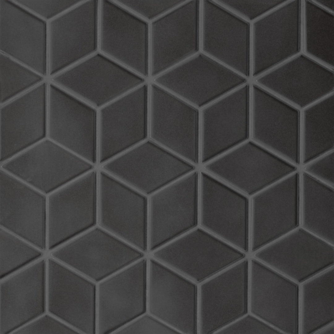 A top-down perspective of the Le Café Black Diamond Matte Porcelain Mosaic displays its bold black shade arranged in a striking diamond configuration, offering a subtle yet powerful geometric statement.
